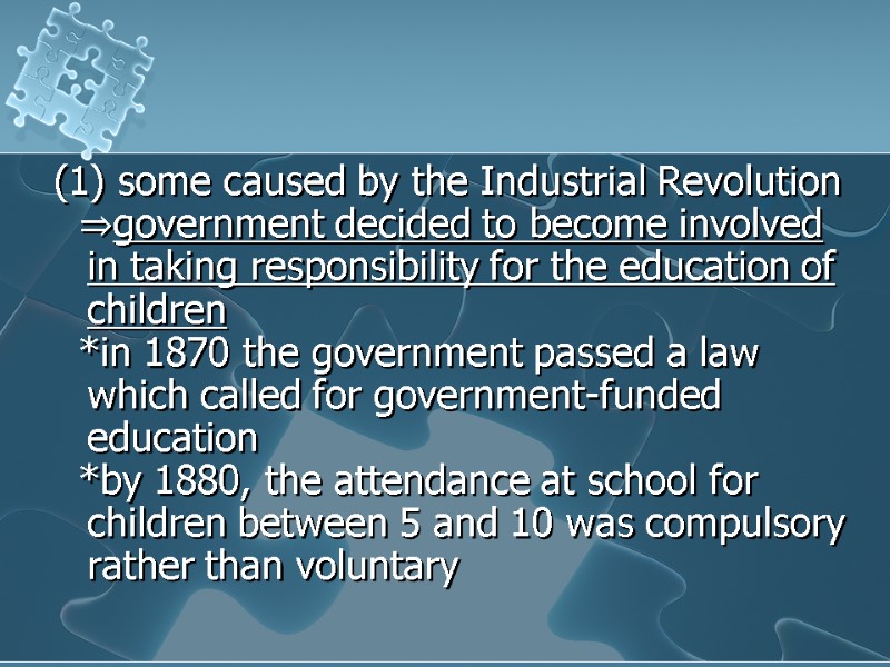 (1) some caused by the Industrial Revolution   ⇒government decided to become involved